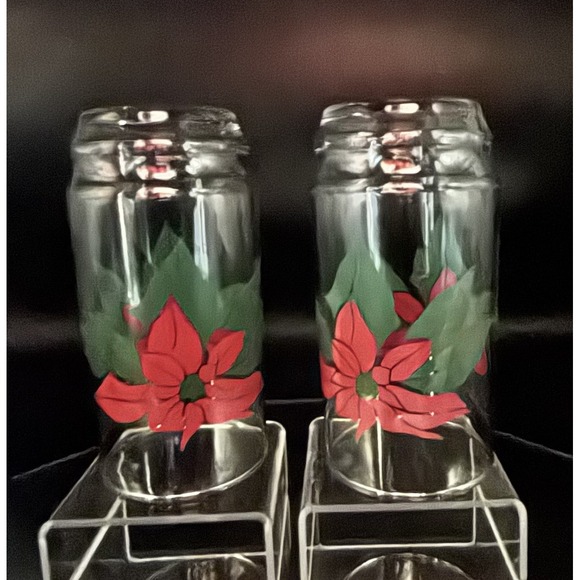 (2) Vintage Indiana Glass Red & Green Poinsettia Glass Tumbler Christmas Holiday - Picture 3 of 5